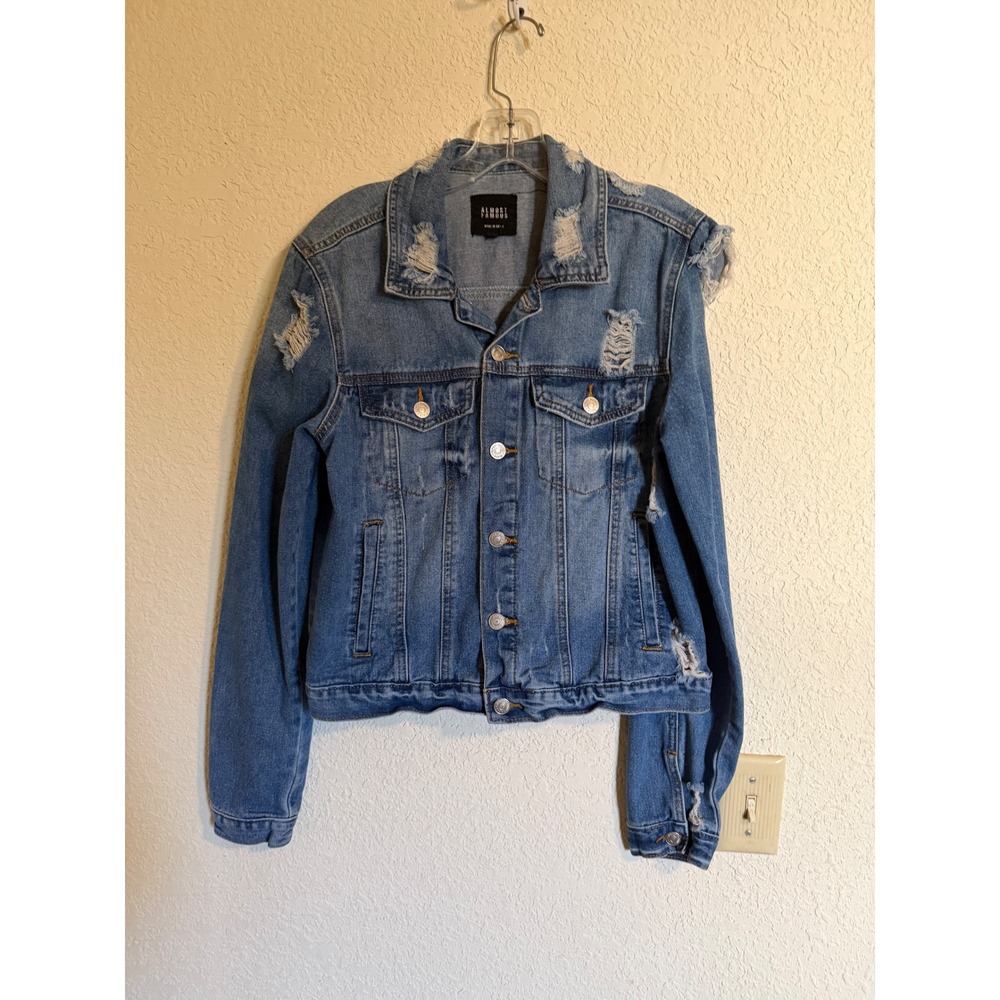 Almost Famous Womens Distressed Denim Jacket Medium Wash Blue Ripped Size L